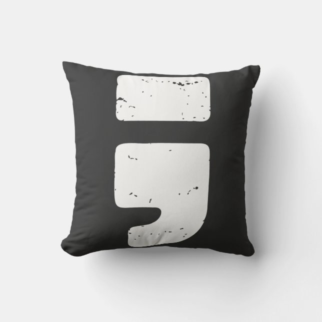 Distressed Black Punctuation Symbol Semicolon Throw Pillow (Front)