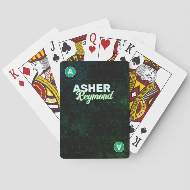 Distressed Black Retro Name | Green Monogram Playing Cards (Back)