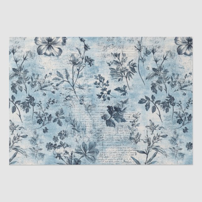 Distressed Blue Florals Pattern  Tissue Paper (Front)