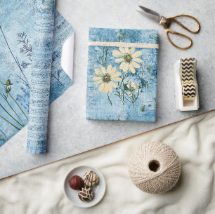Distressed Blue Florals Pattern Wrapping Paper