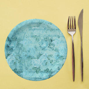 Distressed Blue Roses Collage Paper Plate