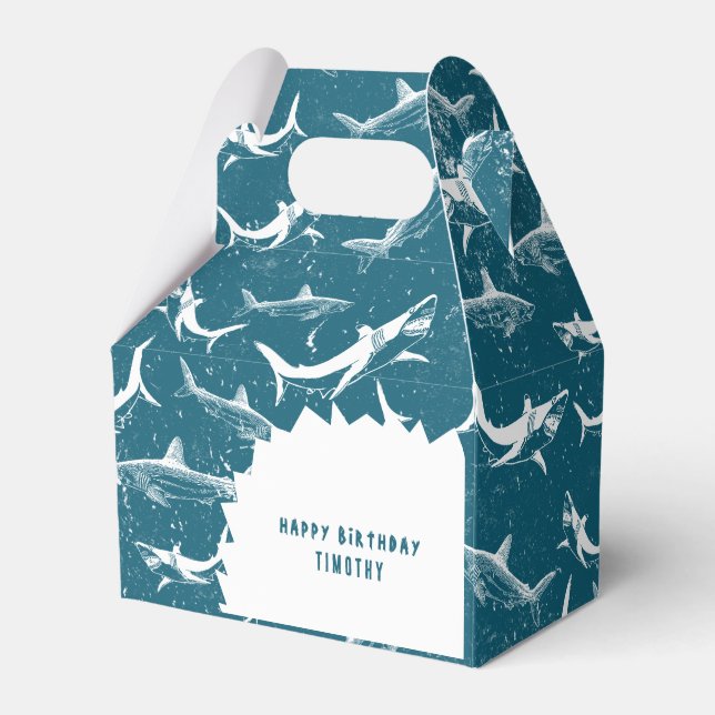 Distressed Blue Shark Boys Birthday Party  Favor Box (Front Side)