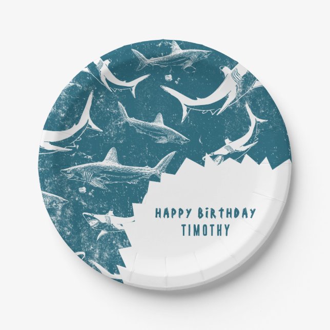Distressed Blue Shark Boys Birthday Party Paper Plate (Front)