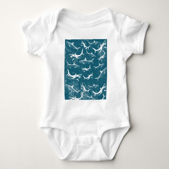 Distressed Blue Shark Pattern  Baby Bodysuit (Front)