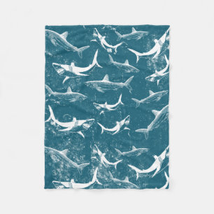 Distressed Blue Shark Pattern  Fleece Blanket