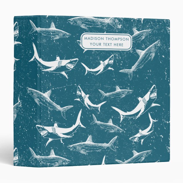 Distressed Blue Shark Pattern Kids Custom Name Binder (Front/Spine)