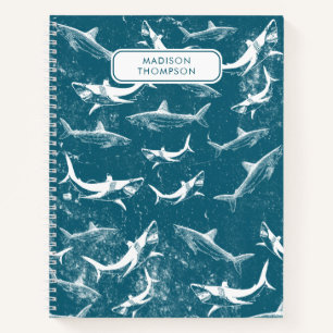 Distressed Blue Shark Pattern Kids Custom Name Notebook