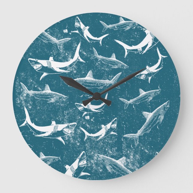 Distressed Blue Shark Pattern Large Clock (Front)