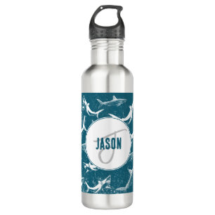 Distressed Blue Shark Pattern Monogram 710 Ml Water Bottle