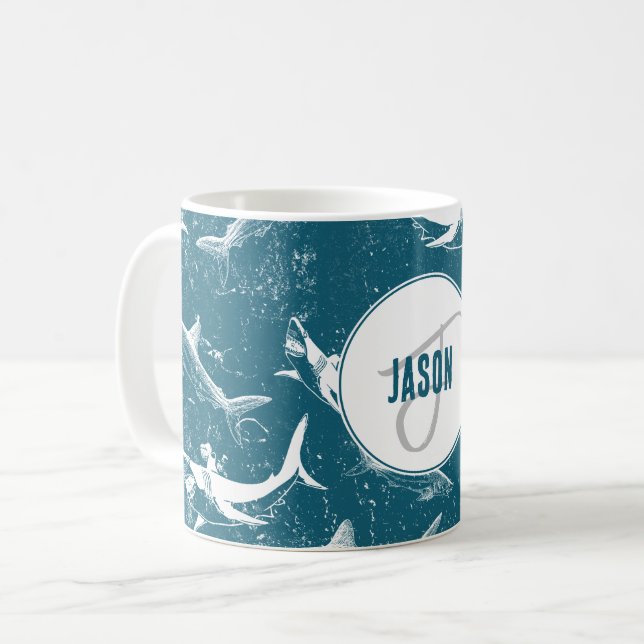 Distressed Blue Shark Pattern Monogram  Coffee Mug (Front Left)