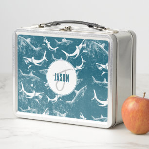 Distressed Blue Shark Pattern Monogram  Metal Lunch Box