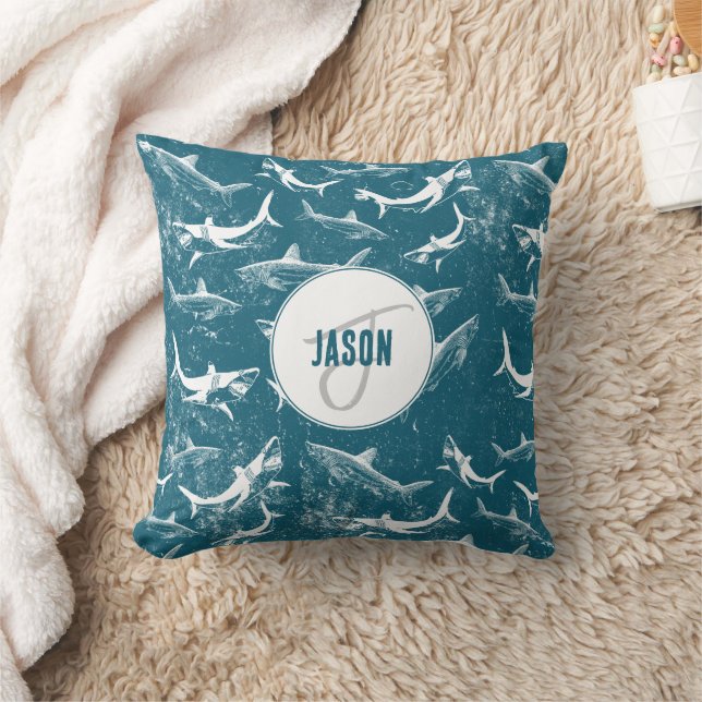 Distressed Blue Shark Pattern Monogram  Throw Pillow (Blanket)