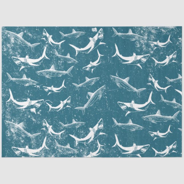 Distressed Blue Shark Pattern  Tissue Paper (Front)
