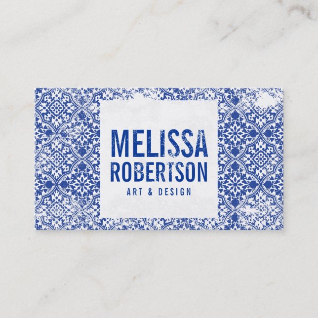 Distressed Blue Tile Pattern Designers Business Card (Front)