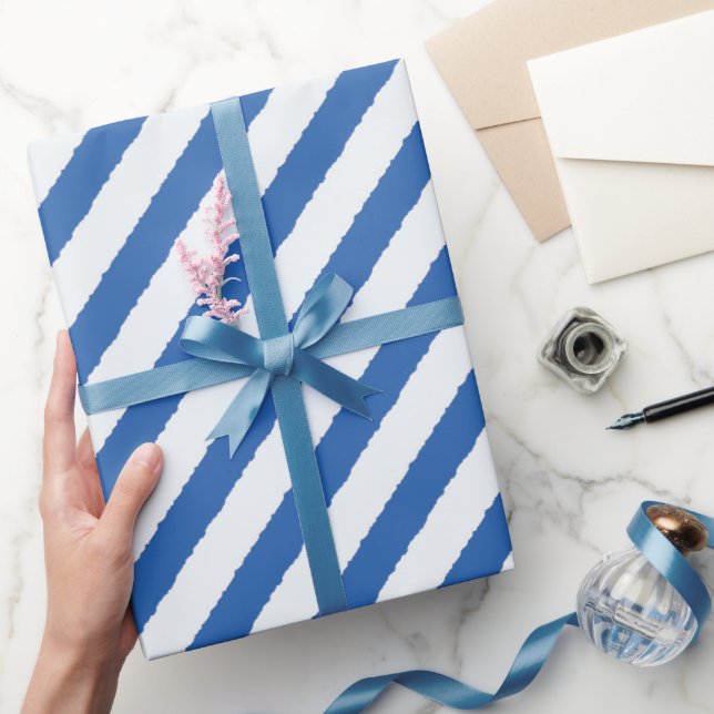 Distressed Blue White Diagonal Stripes Faux Torn Wrapping Paper (Gifting)