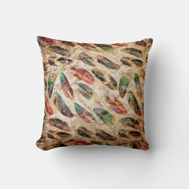 Distressed Boho Feathers Pattern Throw Pillow (Front)