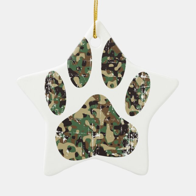 Distressed Camo Dog Paw Print Ceramic Ornament (Front)