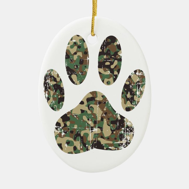 Distressed Camo Dog Paw Print Ceramic Ornament (Front)