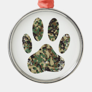 Distressed Camo Dog Paw Print Metal Ornament