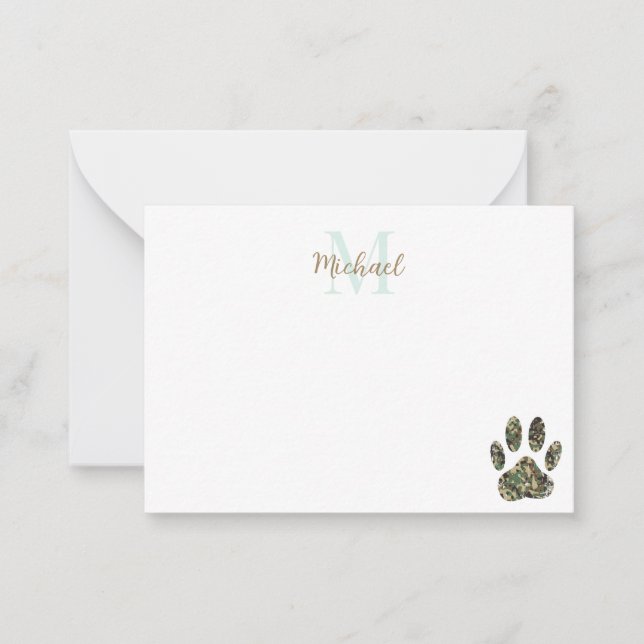 Distressed Camo Dog Paw Print Monogram Card (Front)