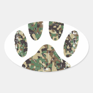 Distressed Camo Dog Paw Print Oval Sticker