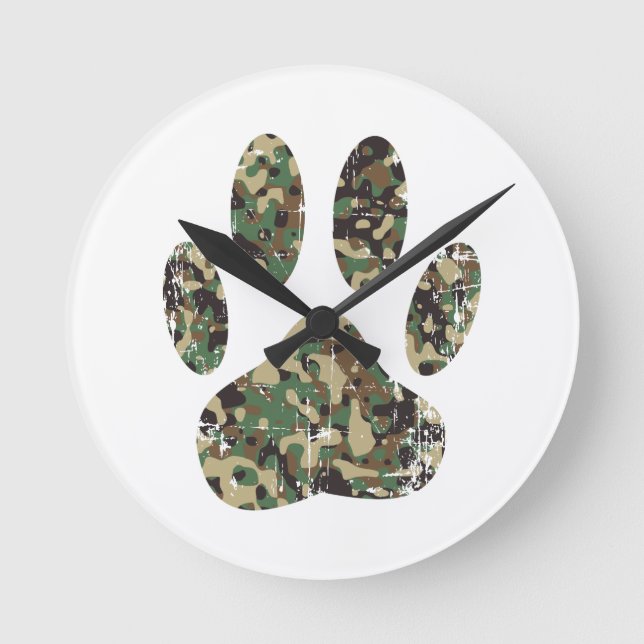 Distressed Camo Dog Paw Print Round Clock (Front)