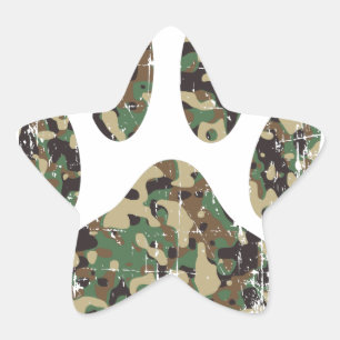 Distressed Camo Dog Paw Print Star Sticker