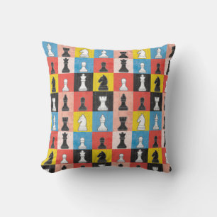 Distressed Chess Pieces Colour Block Chequerboard Throw Pillow