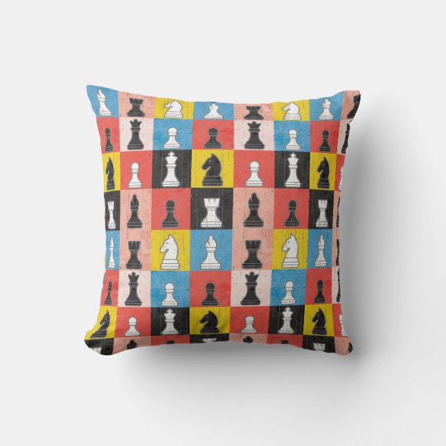 Distressed Chess Pieces Colour Block Chequerboard Throw Pillow (Front)