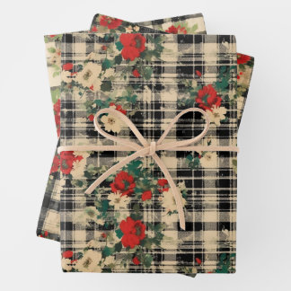 Distressed Christmas Plaid Florals Black Red Beige Wrapping Paper Sheet