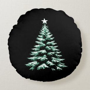 Distressed Christmas Tree Green Peppermint Stripes Round Pillow
