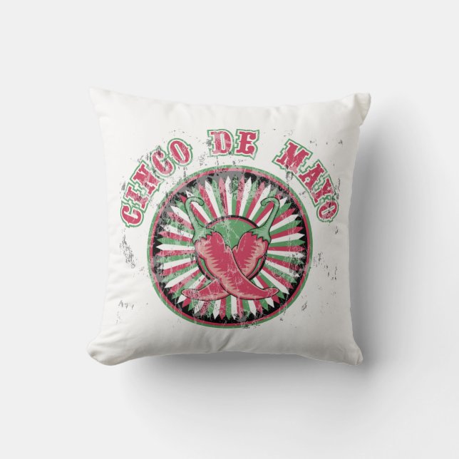 Distressed Cinco de Mayo with Peppers and Stripes Throw Pillow (Front)