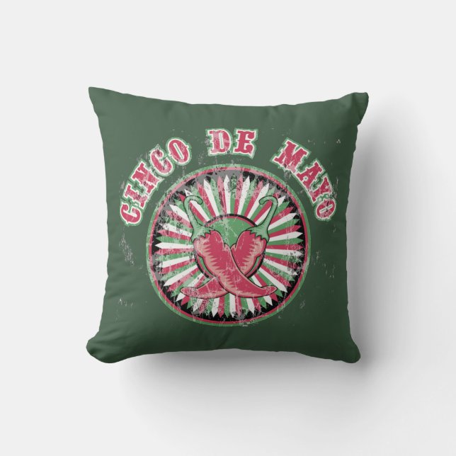 Distressed Cinco de Mayo with Peppers and Stripes Throw Pillow (Front)