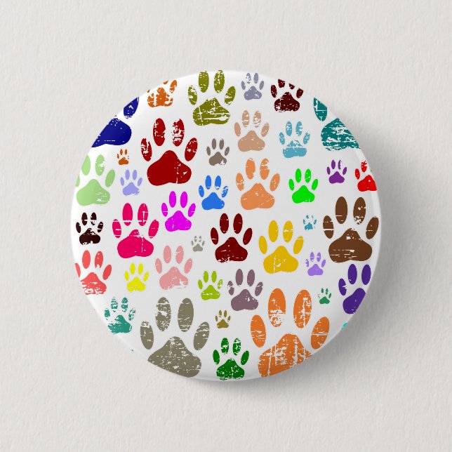 Distressed Colourful Dog Paw Prints 2 Inch Round Button (Front)