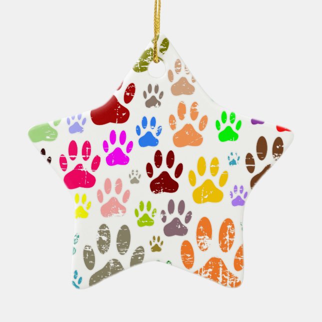 Distressed Colourful Dog Paw Prints Ceramic Ornament (Front)