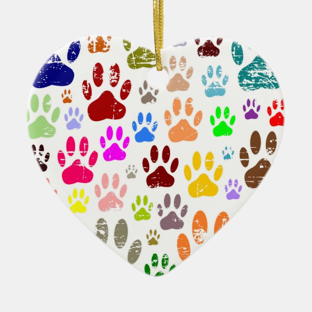 Distressed Colourful Dog Paw Prints Ceramic Ornament (Front)