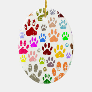 Distressed Colourful Dog Paw Prints Ceramic Ornament