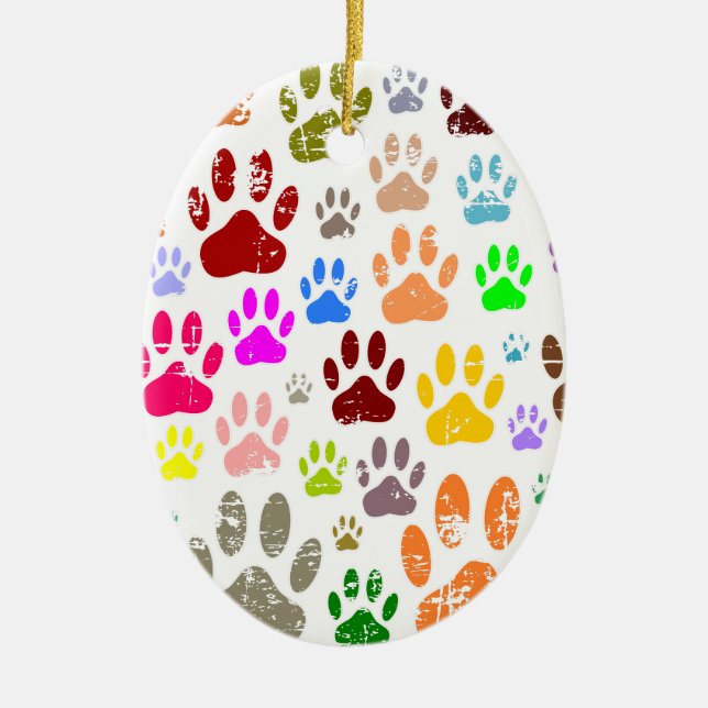 Distressed Colourful Dog Paw Prints Ceramic Ornament (Front)