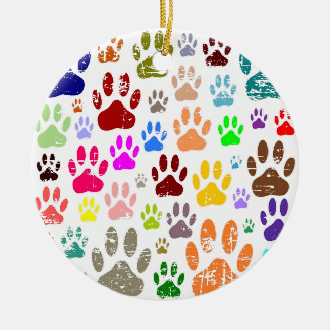 Distressed Colourful Dog Paw Prints Ceramic Ornament (Front)