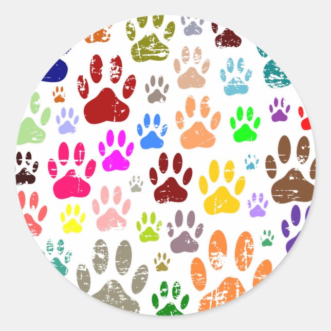 Distressed Colourful Dog Paw Prints Classic Round Sticker (Front)