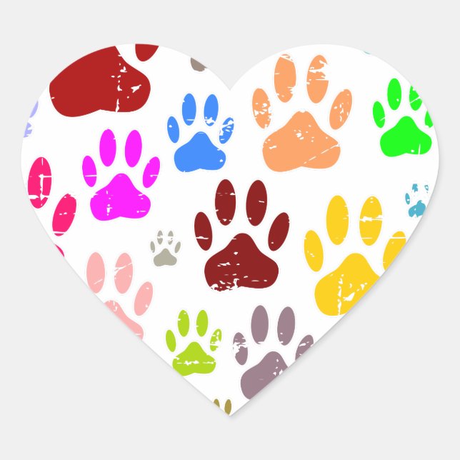 Distressed Colourful Dog Paw Prints Heart Sticker (Front)