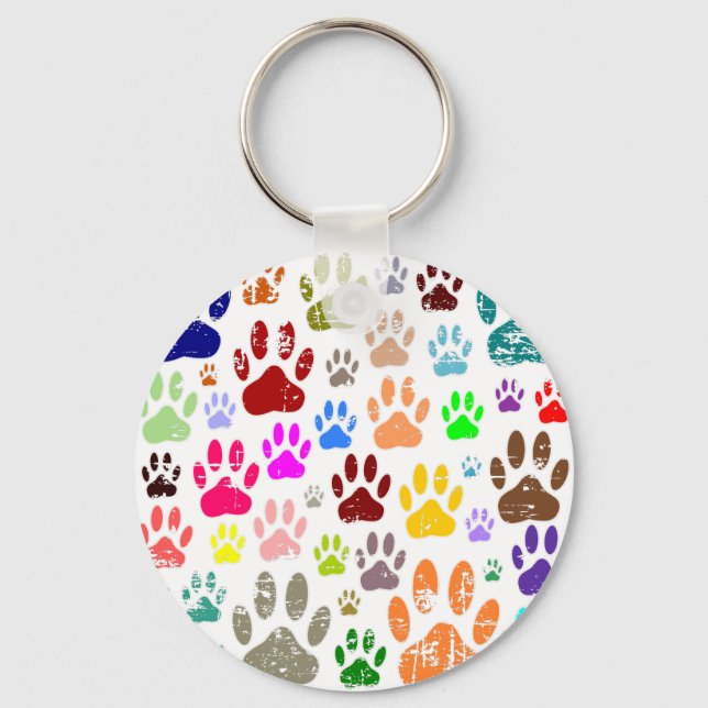 Distressed Colourful Dog Paw Prints Keychain (Front)