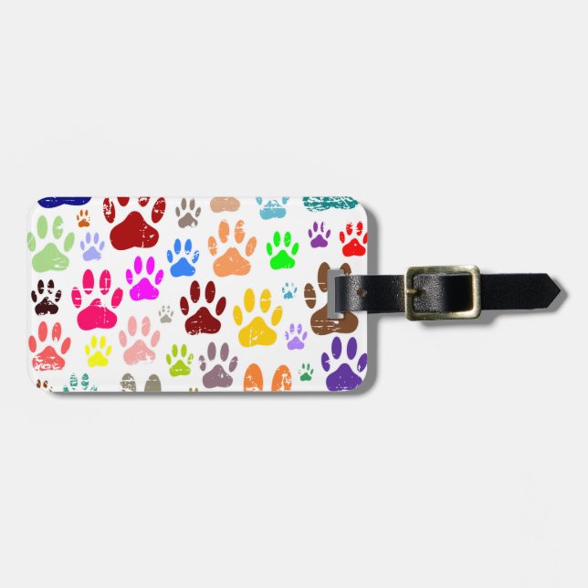 Distressed Colourful Dog Paw Prints Luggage Tag (Front Horizontal)