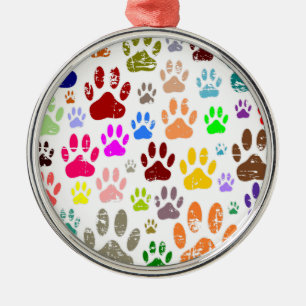 Distressed Colourful Dog Paw Prints Metal Ornament