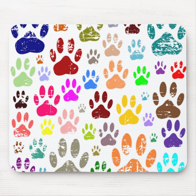 Distressed Colourful Dog Paw Prints Mouse Pad (Front)
