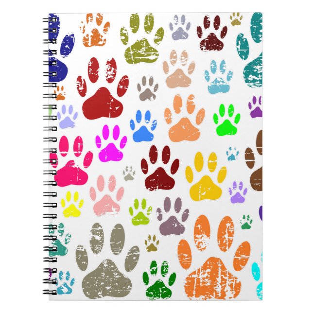 Distressed Colourful Dog Paw Prints Notebook (Front)
