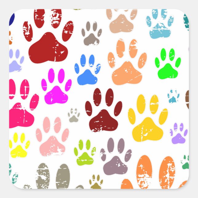 Distressed Colourful Dog Paw Prints Square Sticker (Front)