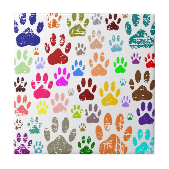 Distressed Colourful Dog Paw Prints Tile (Front)