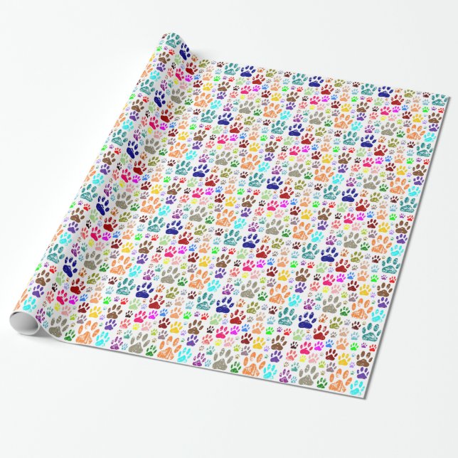 Distressed Colourful Dog Paw Prints Wrapping Paper (Unrolled)