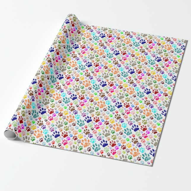 Distressed Colourful Dog Paw Prints Wrapping Paper (Unrolled)